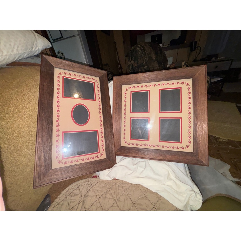 Vintage Wooden Multi Photo Collage Frames Set of 2 Heart Border Brown Wood Grain